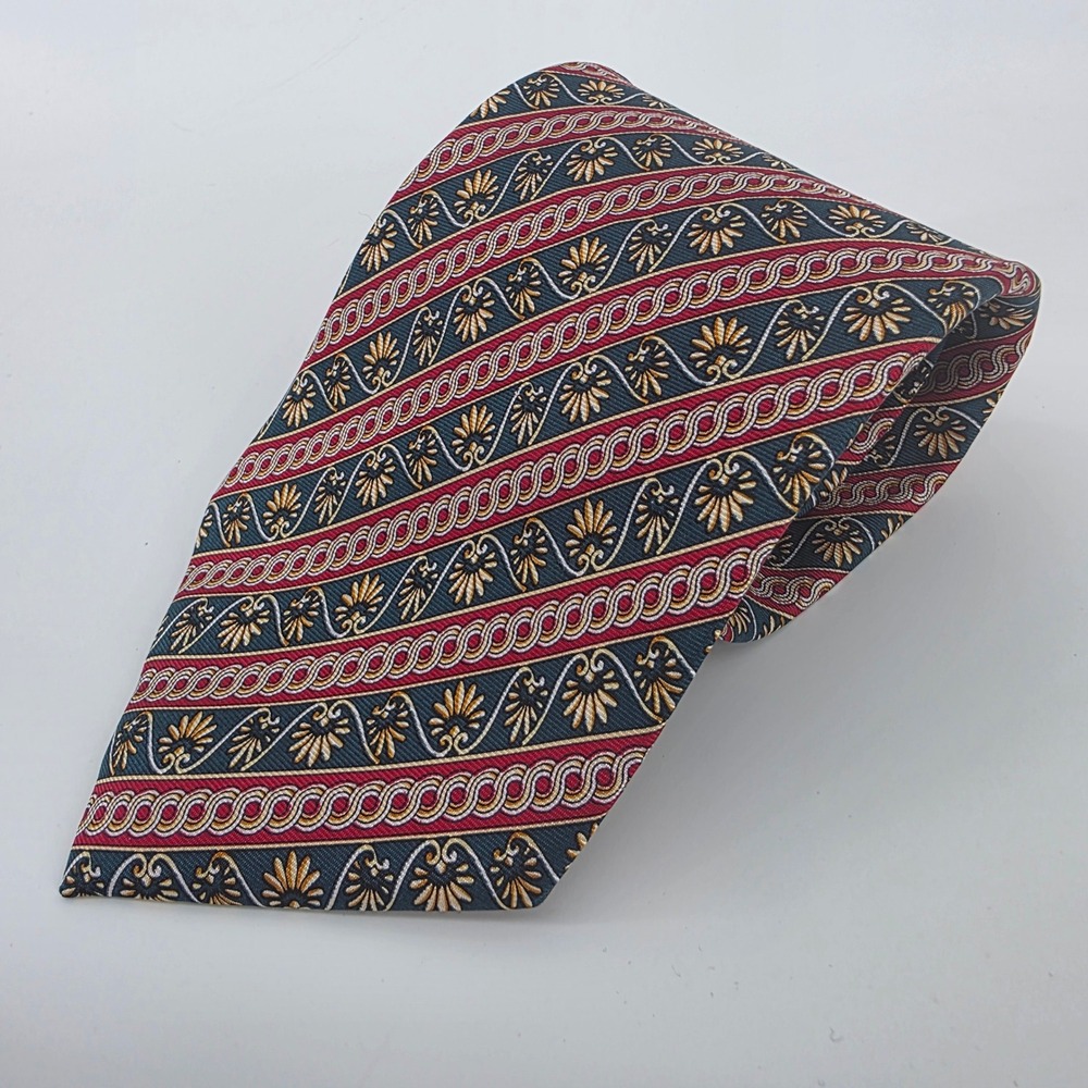 Modela Collection 100% Silk Men's Necktie Burgundy Blue Gold Geometric Pattern